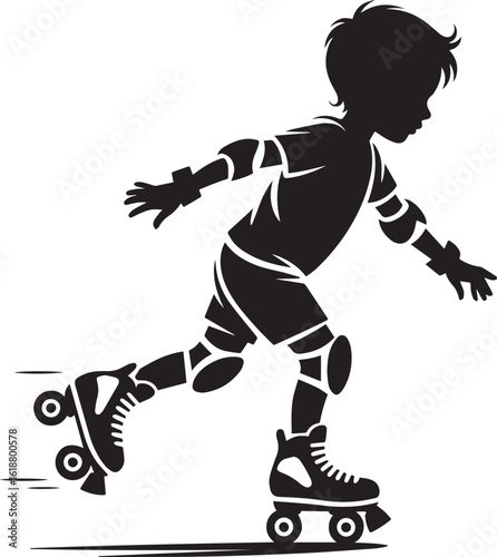 Silhouette of a child roller skating with protective gear speed