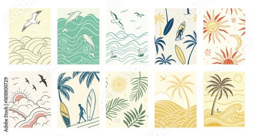 Coastal scenes with marine life and celestial bodies ocean waves seagulls