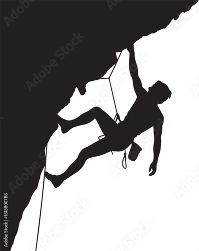 Silhouette of a man rock climbing on a cliff face vector