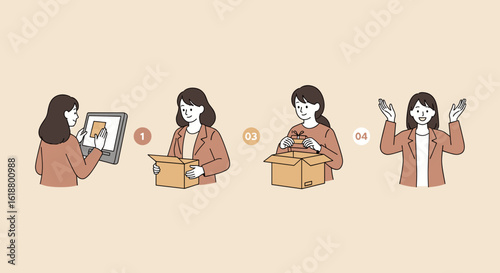 Woman unboxing delivery in four steps with excitement for Black Friday  