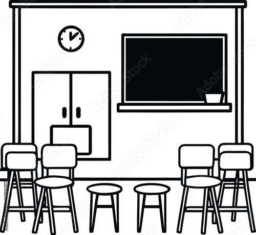 classroom with colorful chairs blackboard and books
