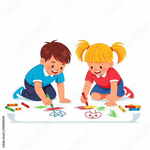 Happy Boy and Girl Drawing and Coloring on Floor, Isolated on White Background