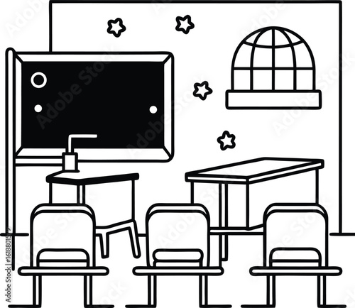 classroom with colorful chairs blackboard and map