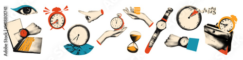 Time management business concept halftone art collage cut outs set. Various paper clipping shapes, stickers with vintage dotted texture and doodles. Modern retro grunge mixed media vector illustration