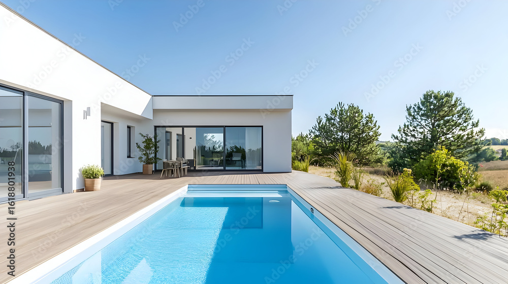 Fototapeta premium Modern House Exterior With Pool And Patio