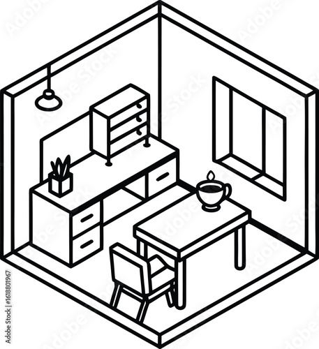 small isometric dorm room with study desk and cup