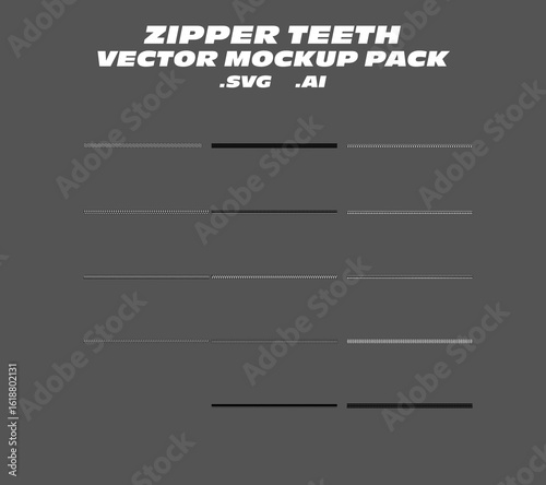 Zipper Teeth Vector Mockup Pack – Editable vector templates of zipper teeth elements, including straight, curved, open, and closed versions. Ideal for fashion design, garment construction details, and