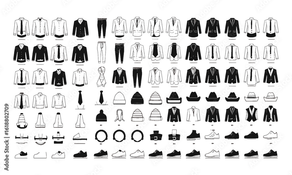Fototapeta premium Modern vector illustration of clothing and fashion shirts, pants, suits, hoodies, underwear, ties, shoes, socks, hats, scarves, accessories icons in solid black on a white background,