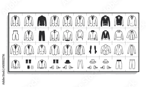 Modern vector illustration of clothing and fashion shirts, pants, suits, hoodies, underwear, ties, shoes, socks, hats, scarves, accessories icons in solid black on a white background,