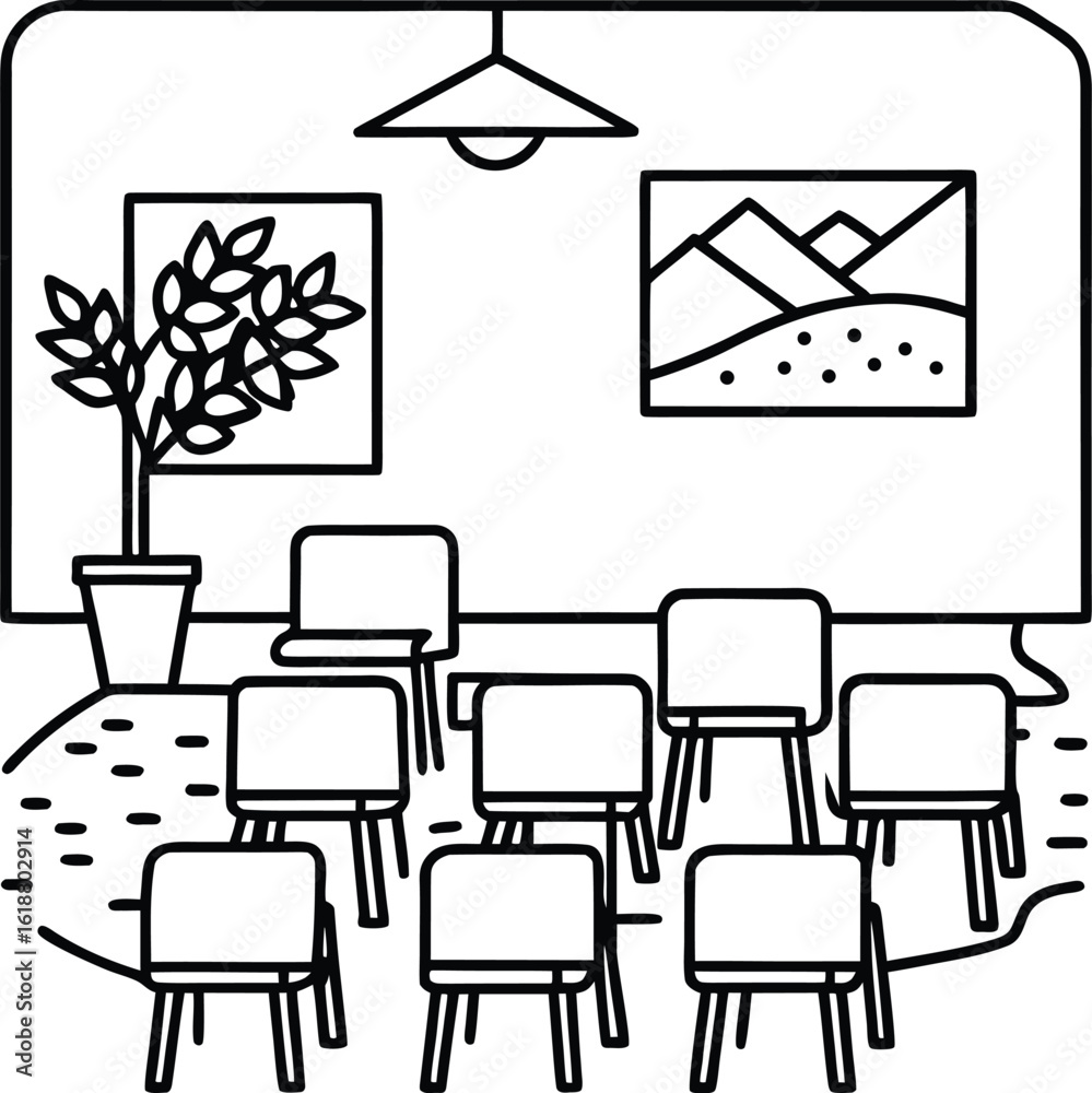 Fototapeta premium classroom with colorful chairs map and plants