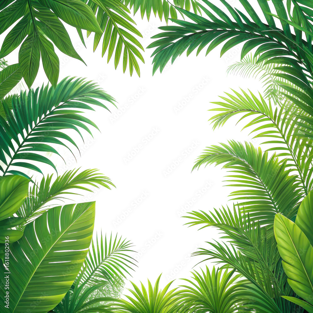 Fototapeta premium Lush green tropical jungle foliage framing a dark empty space isolated on transparent background