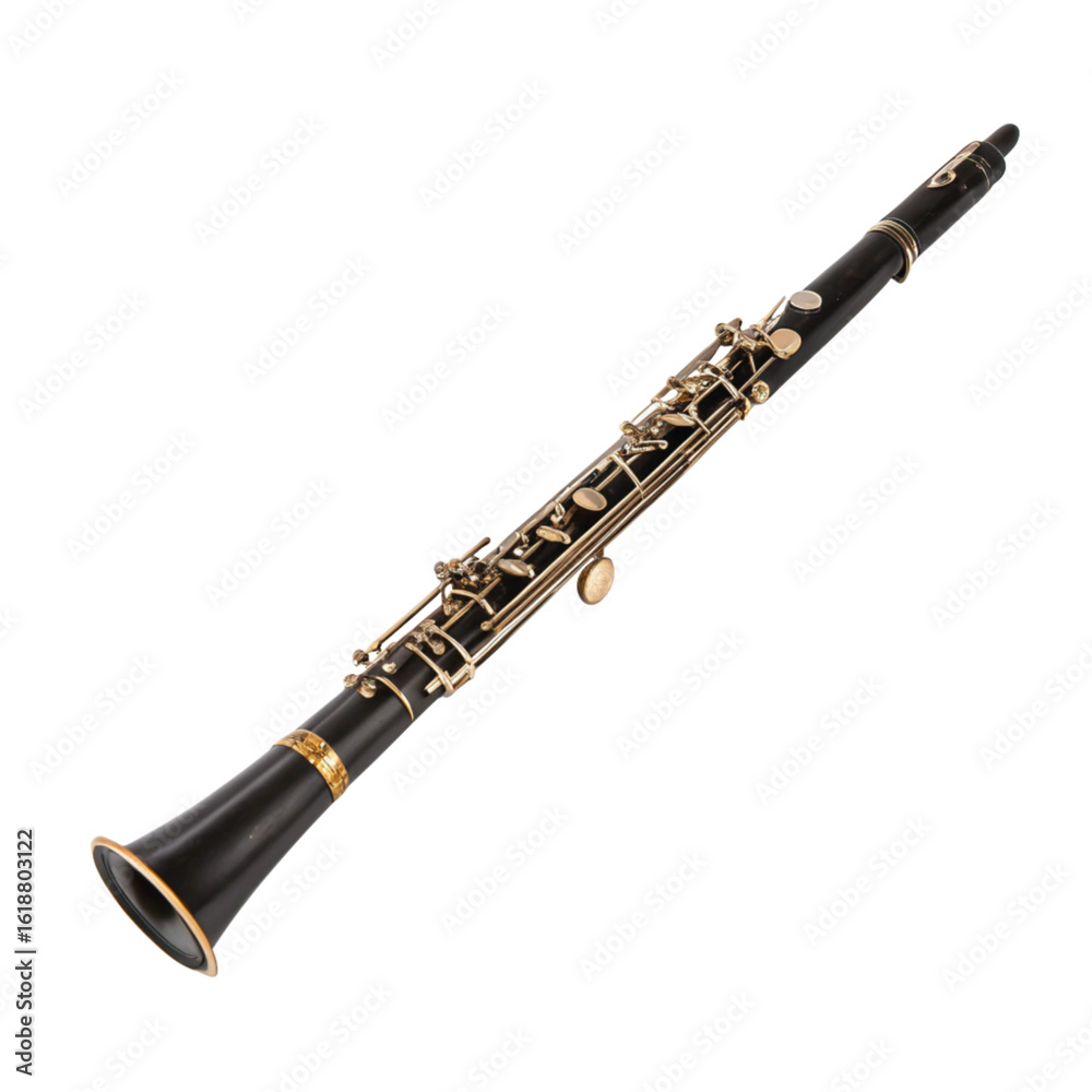Fototapeta premium Black oboe with gold keys on a white background musical instrument woodwind