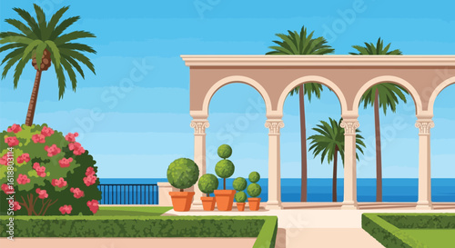 Beautiful tropical garden with palm trees and ocean view vector illustration