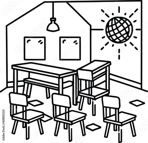classroom with colorful chairs map and sunlight