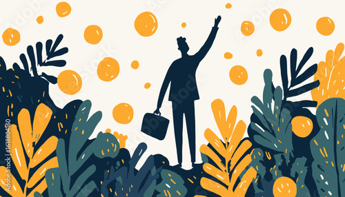 Silhouette of businessman standing among colorful leaves with briefcase  