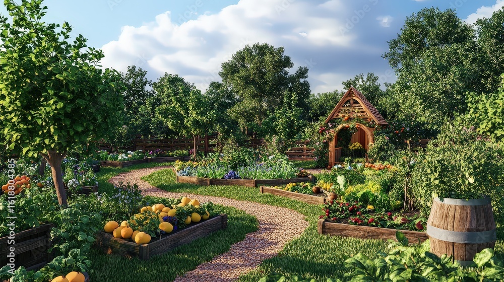 Obraz premium Lush Permaculture Garden with Fruit Trees and Vibrant Landscapes