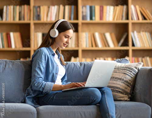 A young student sitting on a couch with a laptop on his lap and wearing headphones, participating in an online class. Books and a coffee cup on the table, a cozy home background with soft lighting.