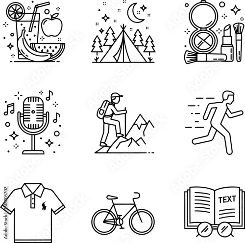 Collection of lifestyle icons including food camping beauty fitness sports and reading illustration set for design needs