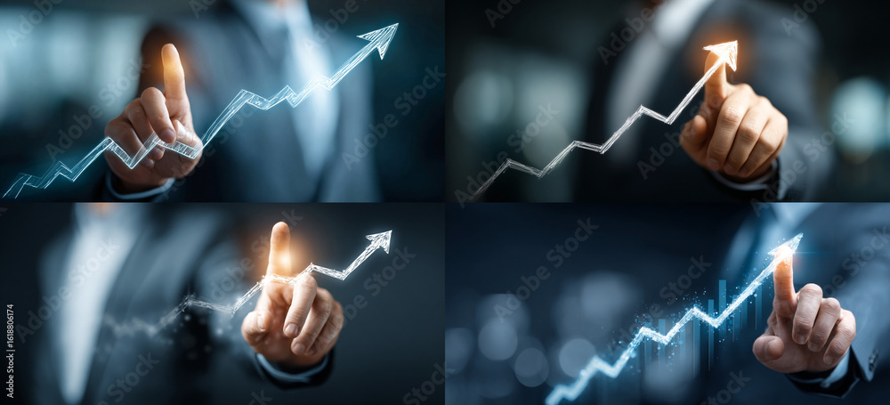 Fototapeta premium Businessman touching a glowing upward arrow graph symbolizing business growth, success, and financial progress