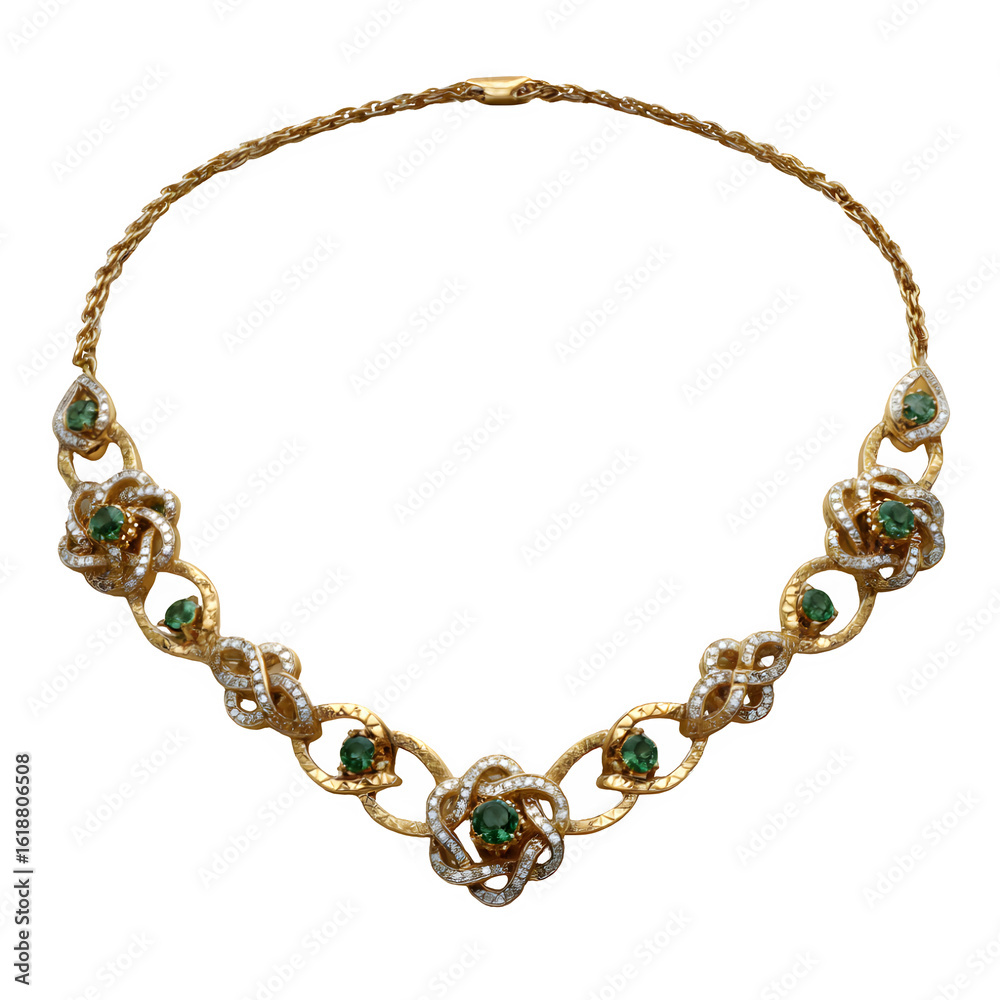 Elegant gold necklace with intricate knotwork and green gemstones isolated on transparent background Elegant gold necklace with intricate knotwork and green gemstones isolated on transparent background