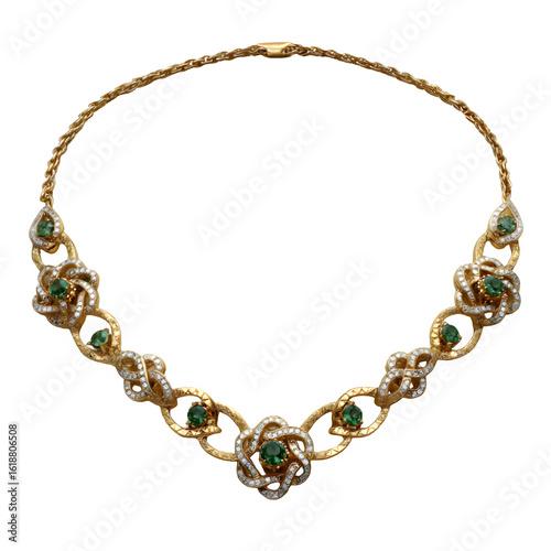 Elegant gold necklace with intricate knotwork and green gemstones isolated on transparent background