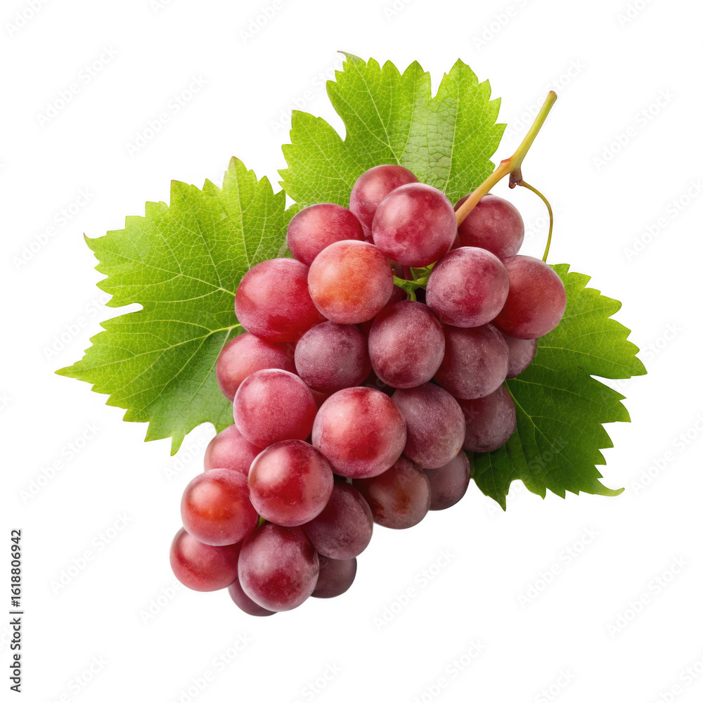 Fototapeta premium Close up of a vibrant bunch of red grapes with lush green leaves isolated on a transparent background