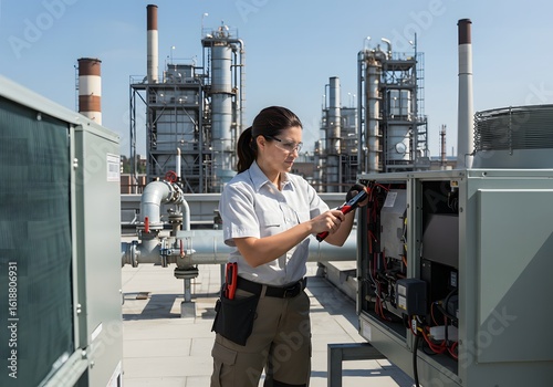 Professional female engineer performing maintenance on an industrial rooftop unit with a manufacturing plant in the background.
