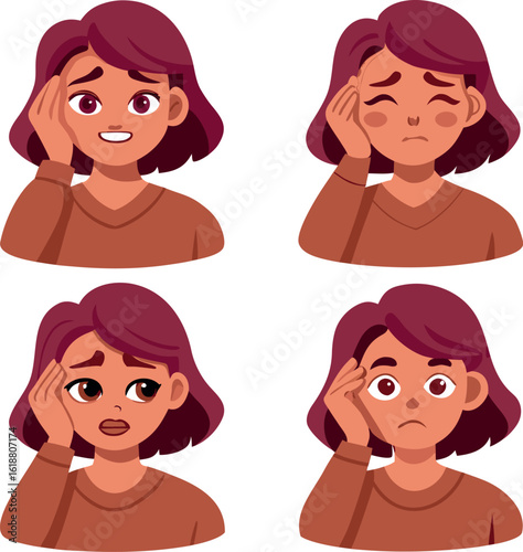 Four cartoon faces showing different expressions of worry and stress isolated on white background