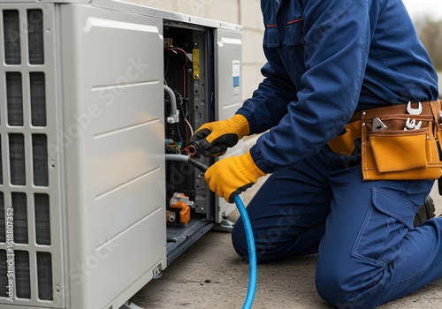 Skilled technician in blue overalls and yellow gloves performing maintenance on a central air conditioning system.