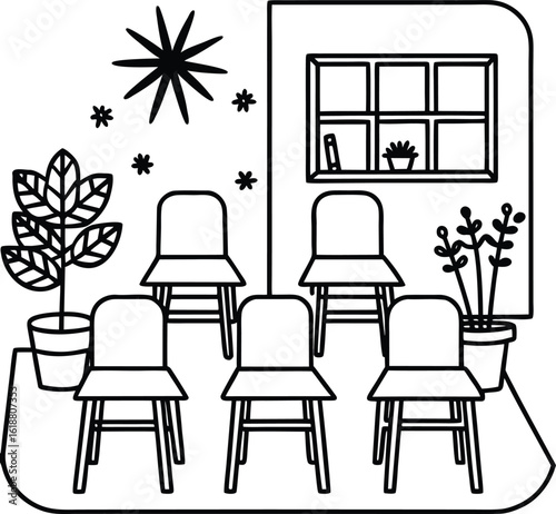 classroom with colorful chairs plants and sun