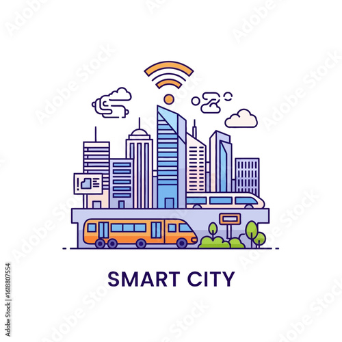A stylized illustration of a smart city, featuring modern buildings, public transport, and wireless technology.