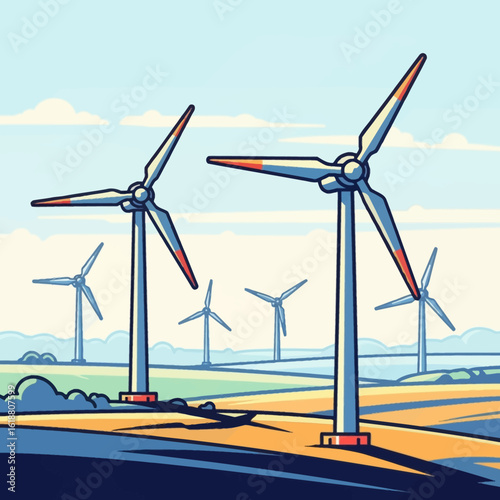 Wind turbines generating clean energy in a picturesque rural landscape.