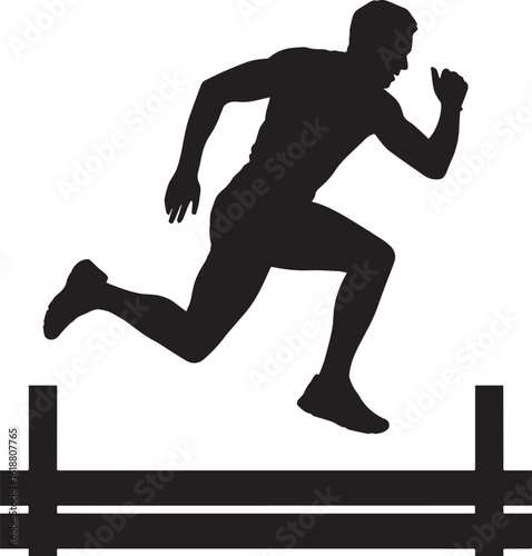 Athletic runner leaping over hurdle during race athlete running