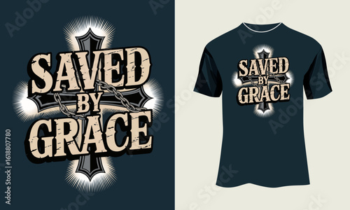Saved by Grace – Vintage Christian Badge Design with Cross and Broken Chains in Grunge Style