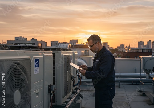HVAC technician performing system maintenance on a rooftop unit with a tablet during a city sunset.