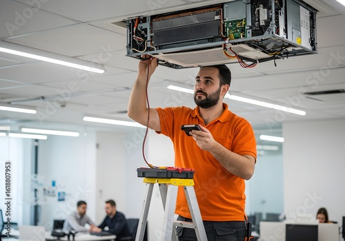 Skilled technician on a stepladder performing maintenance and repair on a ceiling-mounted air conditioner in an office.