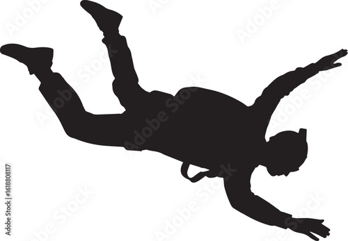 Black silhouette of a skydiver in freefall with arms outstretched person falling