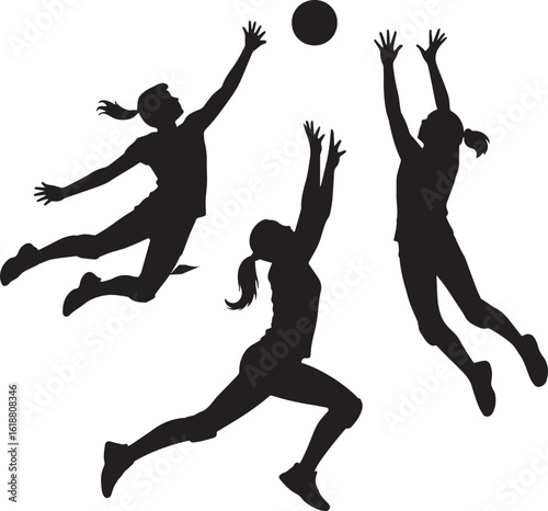 Black silhouettes of women playing volleyball sport action