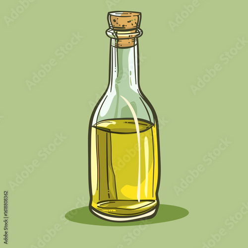 Glass bottle of olive oil with cork stopper on green background  