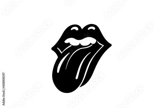 A graphic illustration of a black lips and tongue design on a white background space