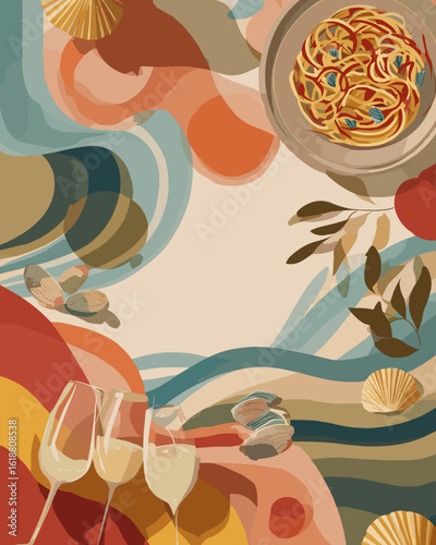 Abstract food composition with pasta and glasses on colorful background  