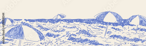 Beach scene with blue umbrellas on sandy shore and waves  