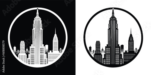 Black and White New York City Skyline Vector with Iconic Skyscrapers in Circle Frame for T Shirt Design and Branding