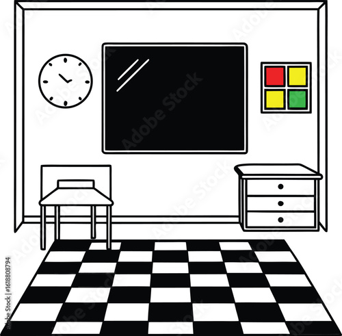 classroom with colorful floor blackboard and clock