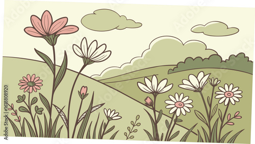 Illustration of a field with flowers and green hills under a cloudy sky in a cartoon style scene
