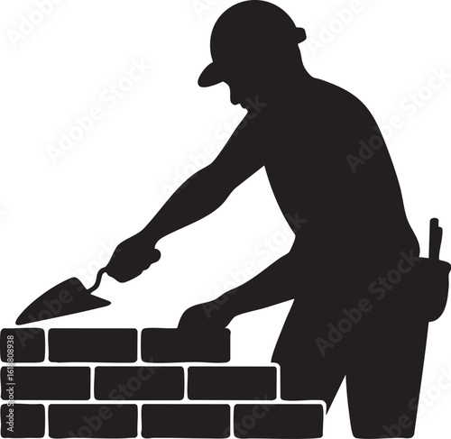 Silhouette of Construction Worker Laying Bricks with Trowel, Transparent Background.