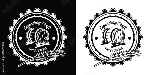 Legendary Craft Since Forever brewery logo with wooden barrel, wheat stalk, bottlecap border in vintage alcohol branding style