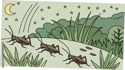 Three crickets walking at night under the moon and stars near grass and trees in a cartoon style