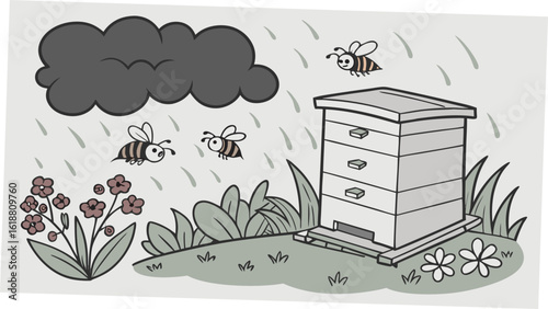 Bees flying around a beehive with flowers and grass under a rain cloud in a cartoon style