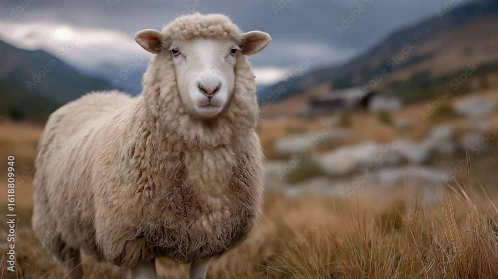 Obraz premium The one lost sheep standing alone in the mountains under an overcast sky with wet, dirty wool.